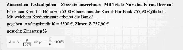 Video thumbnail for Zinsrechnung Textaufgabe Zinssatz berechnen
