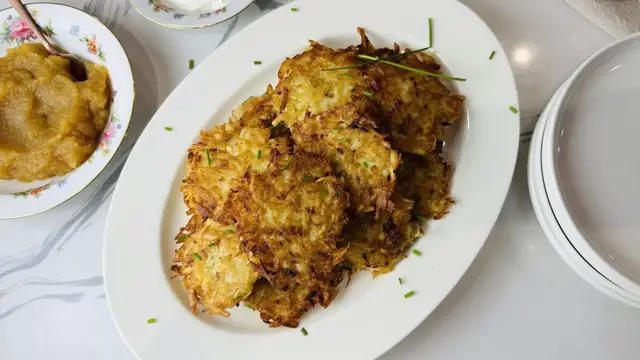 Video thumbnail for Crispy Latkes With Homemade Applesauce Recipe