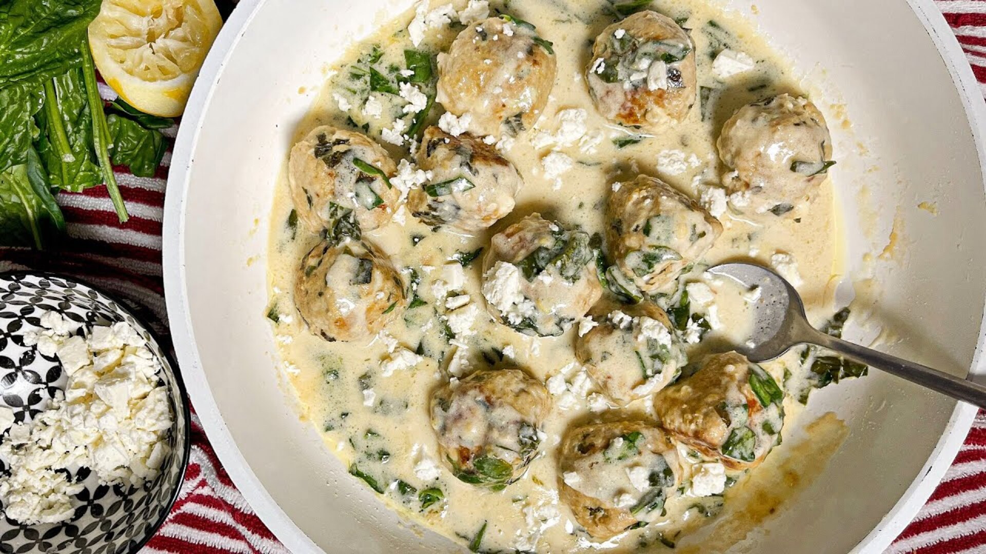 Video thumbnail for One-Pan Chicken, Spinach And Feta Meatballs Recipe