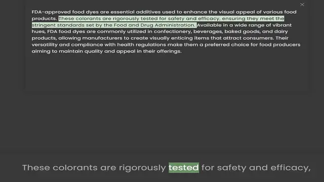 Video thumbnail for products. These colorants are rigorously tested for safety and efficacy, ensuring they meet the stringent standards set by the Food and Drug Administration. Available in a wide range of vibrant hues, FDA food dyes are commonly utilized in