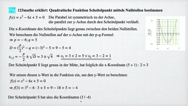 Video thumbnail for Quadratische Funktion Scheitelpunkt über Nullstellen bestimmen