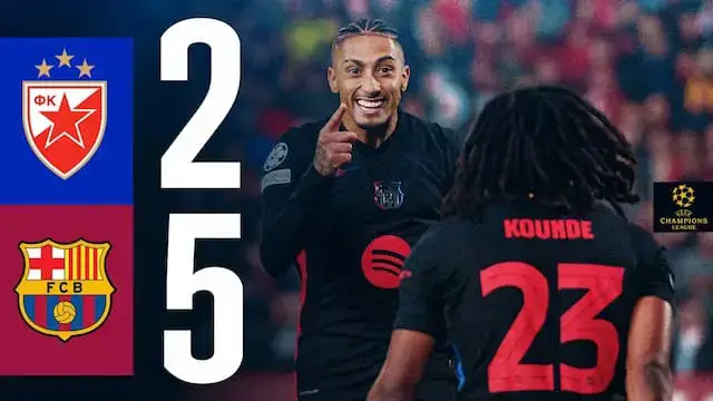 'Video thumbnail for HIGHLIGHTS | RED STAR BELGRADE 2 vs 5 FC BARCELONA | UEFA CHAMPIONS LEAGUE 2024/25'