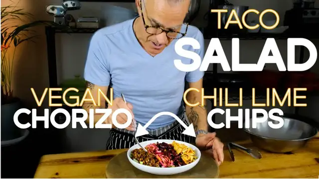 Video thumbnail for Taco Salad with VEGAN CHORIZO Crumble and Fresh Corn Chips  !!!!!