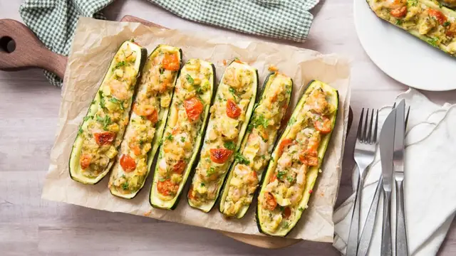 Video thumbnail for Mediterranean Shrimp-Stuffed Zucchini Boats Recipe