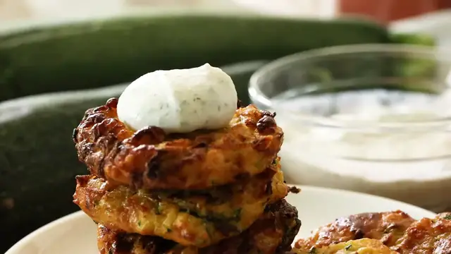 'Video thumbnail for BEST Crispy Parmesan Zucchini Fritters w Creamy Cottage Cheese Dill Dip Air Fryer Frying Pan(720P HD)'