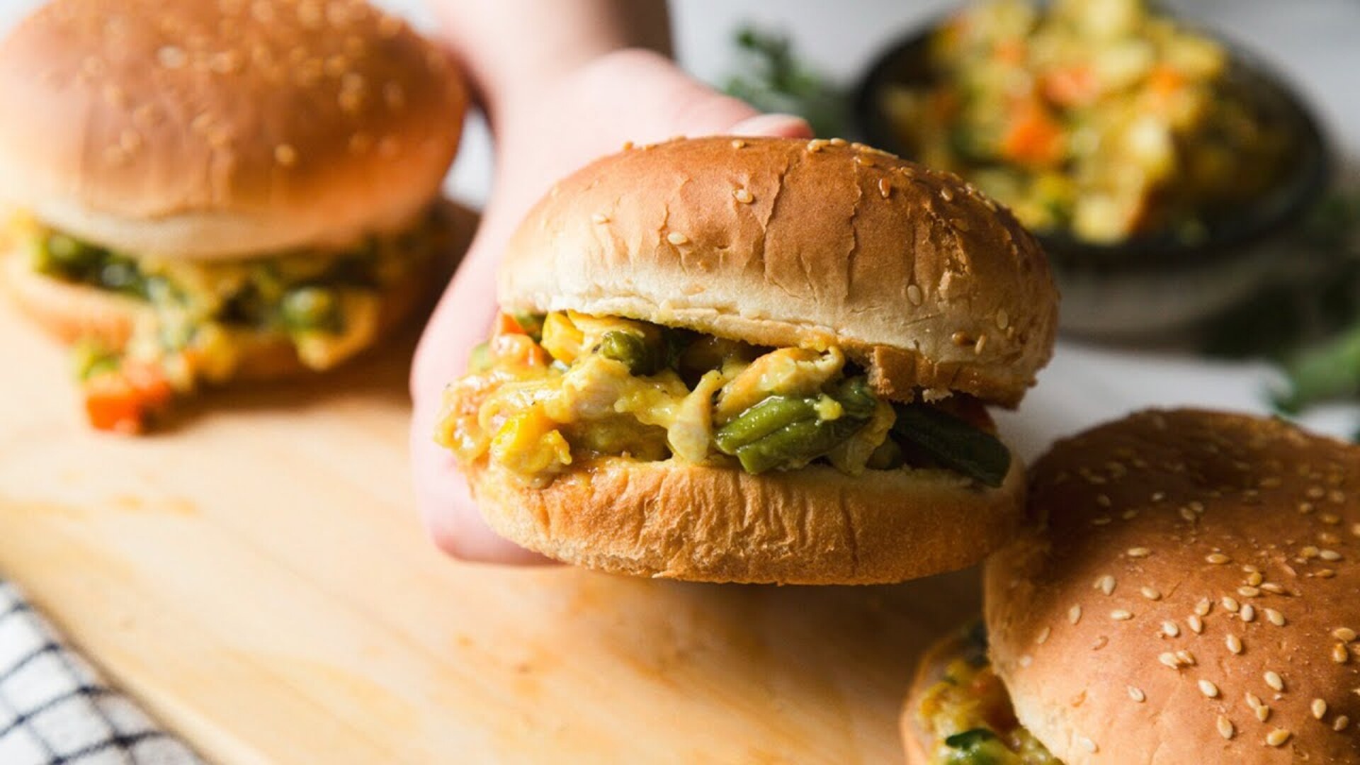 Video thumbnail for Hearty Chicken Pot Pie Burgers Recipe