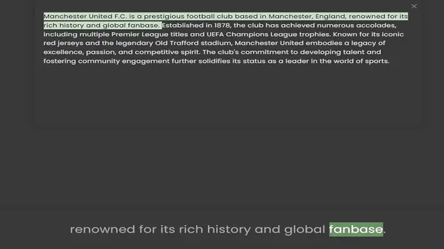 'Video thumbnail for Manchester United F.C. is a prestigious football club based in Manchester, England, renowned for its rich history and global fanbase. Established in 1878, the club has achieved numerous accolades, including multiple Premier League titles'
