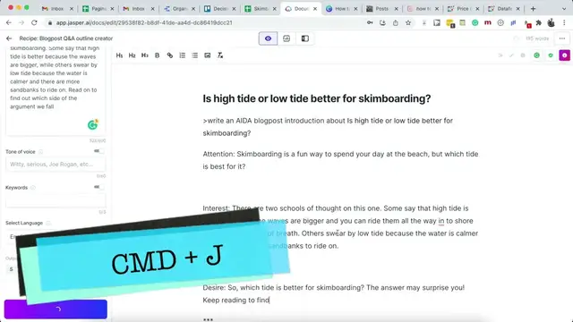 Video thumbnail for Jasper.AI recipes commands tutorial to write FULL blogpost outlines (SurferSEO integration)