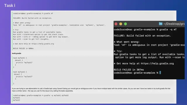 Video thumbnail for Task is ambiguous in root project gradle-examples. Candidates are myTask1, myTask2