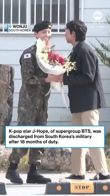Video thumbnail for K-pop star J-Hope, a member of the boy band supergroup BTS, was greeted by one of his bandmates and cheering fans as he was discharged from South Korea's military on Thursday after 18 months of duty.