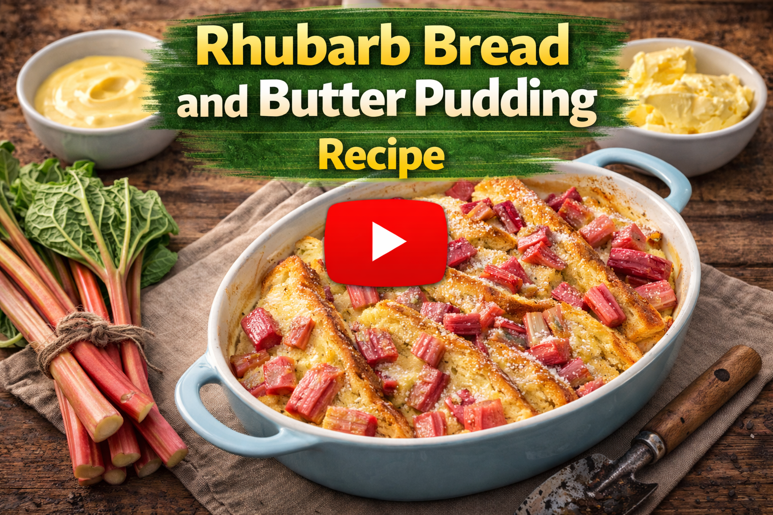 Video thumbnail for Rhubarb Bread and Butter Pudding Recipe