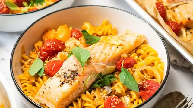Video thumbnail for Thai Curry Pasta With Blistered Tomatoes And Salmon Recipe