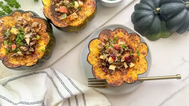 'Video thumbnail for Vegetarian Sausage-Stuffed Acorn Squash Recipe'