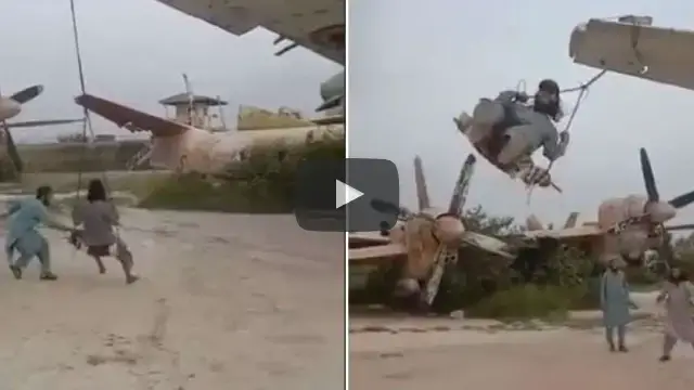 'Video thumbnail for Taliban Fighter Swings on the Wings of the Fighter Plane'