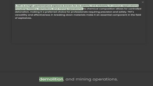 Video thumbnail for 1. TNT is a high-performance explosive known for its stability and reliability in various applications, including military, demolition, and mining operations. Its chemical composition allows for controlled detonation, making it a preferre