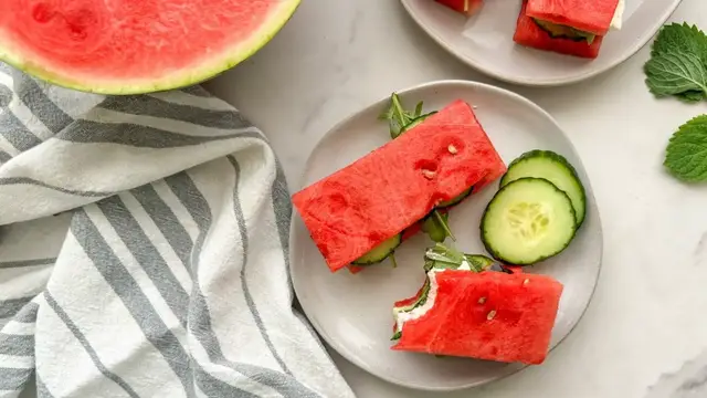 Video thumbnail for Watermelon And Feta Tea Sandwiches Recipe