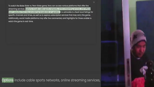 Video thumbnail for To watch the Boise State vs. Penn State game, fans can access various platforms that offer live streaming services. Options include cable sports networks, online streaming services, and official team websites that may provide live broadca