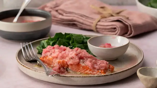 'Video thumbnail for Baked Salmon With Ginger-Rhubarb Sauce Recipe'