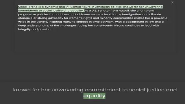 Video thumbnail for commitment to social justice and equality. As a U.S. Senator from Hawaii, she champions progressive policies that address critical issues such as healthcare, immigration, and climate change. Her strong advocacy for women's rights and mino