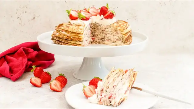 Video thumbnail for Strawberries And Cream Crepe Cake Recipe