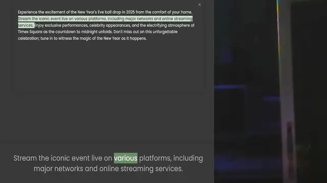 Video thumbnail for Experience the excitement of the New Year's Eve ball drop in 2025 from the comfort of your home. Stream the iconic event live on various platforms, including major networks and online streaming services. Enjoy exclusive performances, cele