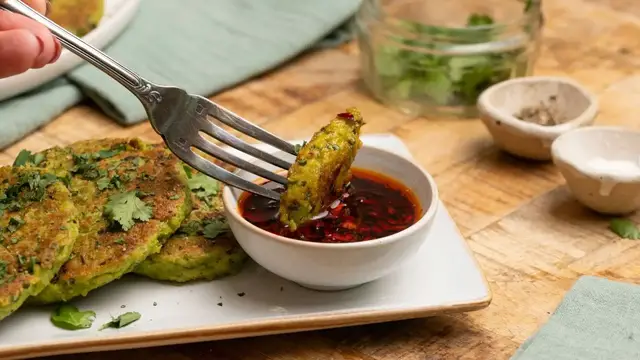'Video thumbnail for Edamame Fritters With Spicy Soy Dipping Sauce Recipe'