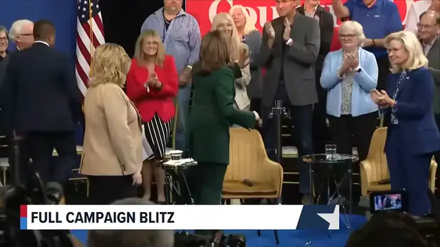 Video thumbnail for Harris campaigning in battleground states, Trump has McDonalds photo shoot