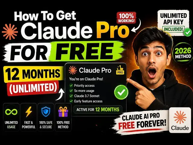 Video thumbnail for How To Get Claude Pro For FREE 12 Months (Unlimited) in 2026 - Claude AI Pro Free Unlimited API Key