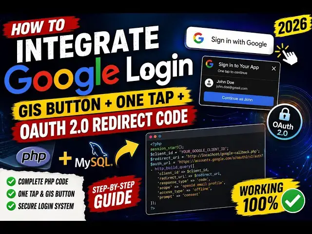 Video thumbnail for How to Integrate Google Login (GIS Button + One Tap + OAuth 2.0 Redirect Code) in PHP & MySQL (2026)