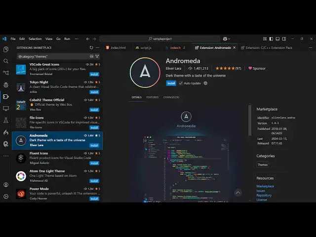 Video thumbnail for Andromeda Theme Tutorial in Visual Studio Code Full Demo Video For Beginners