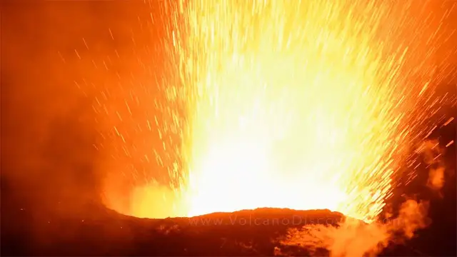Video thumbnail for Stromboli's NE crater with lava glow and spattering erupts