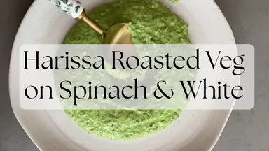 'Video thumbnail for Harissa Roasted Veg on Spinach & White Bean Dip'