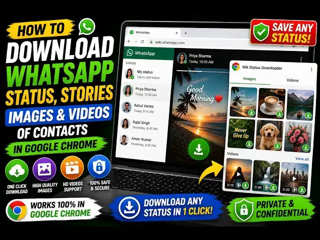 Video thumbnail for How to Download WhatsApp Status,Stories Images & Videos of Contacts in Google Chrome
