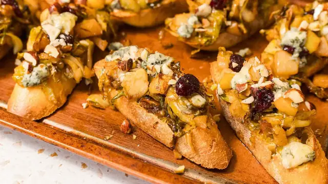 'Video thumbnail for Our Fall Bruschetta Recipe Features Pears, Brussels Sprouts, And Gorgonzola Cheese'
