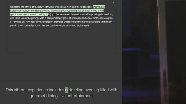 Video thumbnail for Celebrate the arrival of the New Year with our exclusive New Year's Eve package! This vibrant experience includes a dazzling evening filled with gourmet dining, live entertainment, and a spectacular countdown to midnight. Enjoy a festive