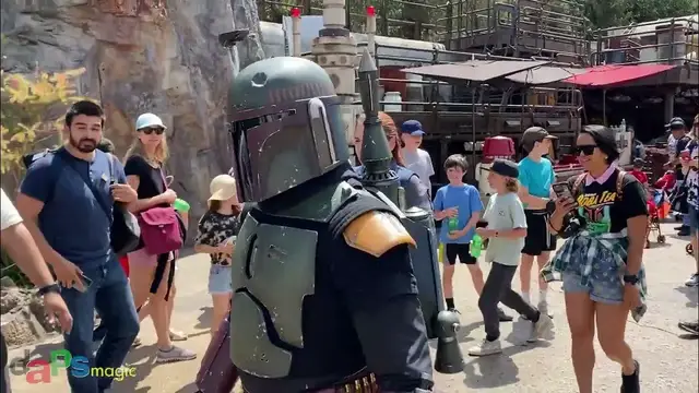 Video thumbnail for Boba Fett Walking Through Black Spire Outpost at Star Wars: Galaxy's Edge at Disneyland