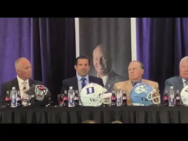 Video thumbnail for #UNC's Bill Belichick, N.C. State's Dave Doeren and Duke's Manny Diaz during Q&A at Pigskin Preview