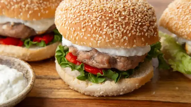 'Video thumbnail for Greek Turkey Burger With Tzatziki Recipe'