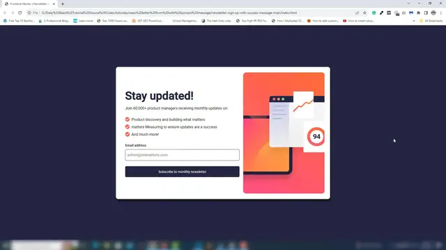 Video thumbnail for newsletter sign-up form with success message using HTML CSS & JS