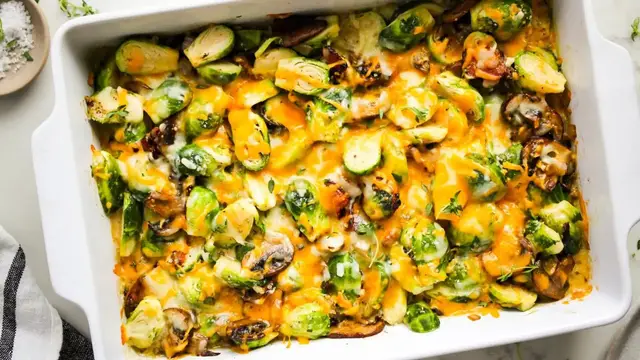 Video thumbnail for Cheesy Bacon Brussels Sprouts Casserole Recipe