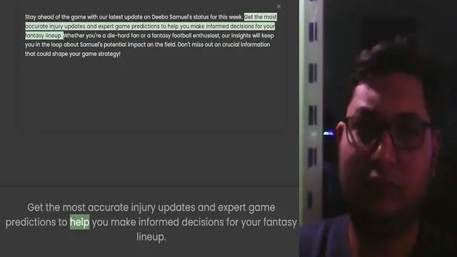 'Video thumbnail for Stay ahead of the game with our latest update on Deebo Samuel's status for this week. Get the most accurate injury updates and expert game predictions to help you make informed decisions for your fantasy lineup. Whether you're a die-hard'