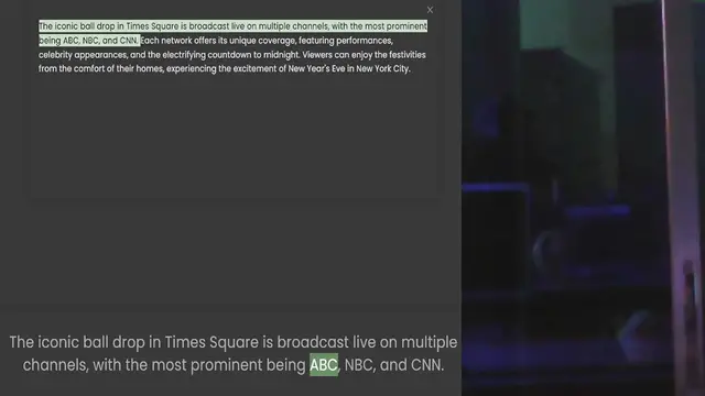 Video thumbnail for The iconic ball drop in Times Square is broadcast live on multiple channels, with the most prominent being ABC, NBC, and CNN. Each network offers its unique coverage, featuring performances, celebrity appearances, and the electrifying cou