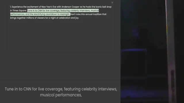 Video thumbnail for in Times Square. Tune in to CNN for live coverage, featuring celebrity interviews, musical performances, and the electrifying countdown to midnight. Don't miss this annual tradition that brings together millio