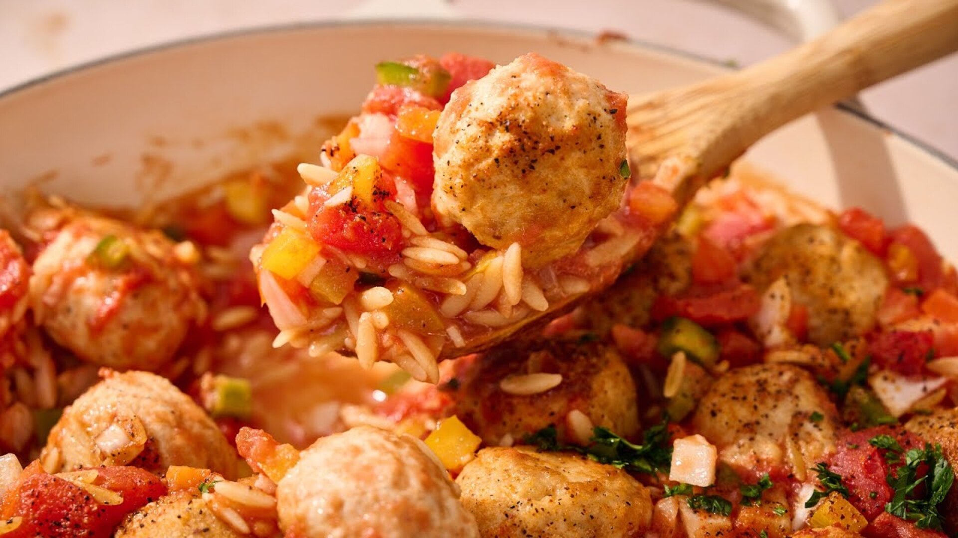 Video thumbnail for Baked Jambalaya-Ish Orzo And Meatballs Recipe