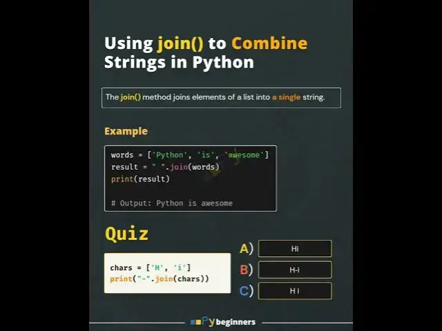 Video thumbnail for Using the join() method in Python to combine strings #python #code