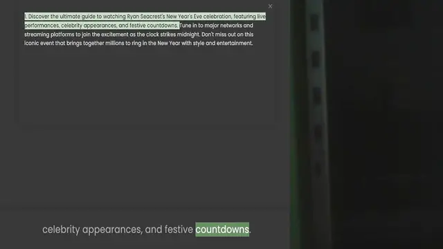 Video thumbnail for 1. Discover the ultimate guide to watching Ryan Seacrest's New Year's Eve celebration, featuring live performances, celebrity appearances, and festive countdowns. Tune in to major networks and streaming platforms to join the excitement as
