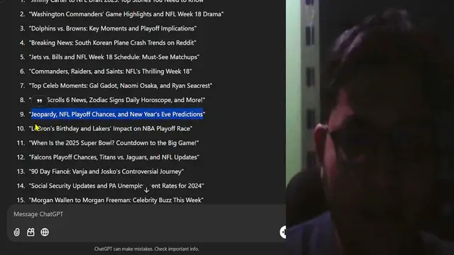 'Video thumbnail for Jeopardy, NFL Playoff Chances, and New Year’s Eve Predictions'