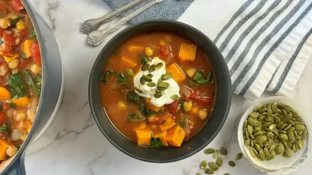 Video thumbnail for Harissa Sweet Potato And Chickpea Stew Recipe
