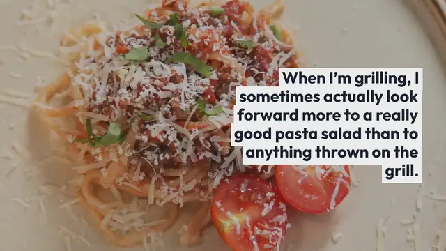 Video thumbnail for Pasta salad with grilled aubergine and confit cherry tomatoes