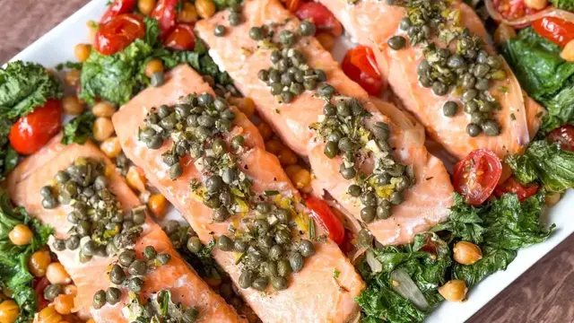 'Video thumbnail for 1-Pan Baked Salmon With Mustard Greens And Chickpeas Recipe'